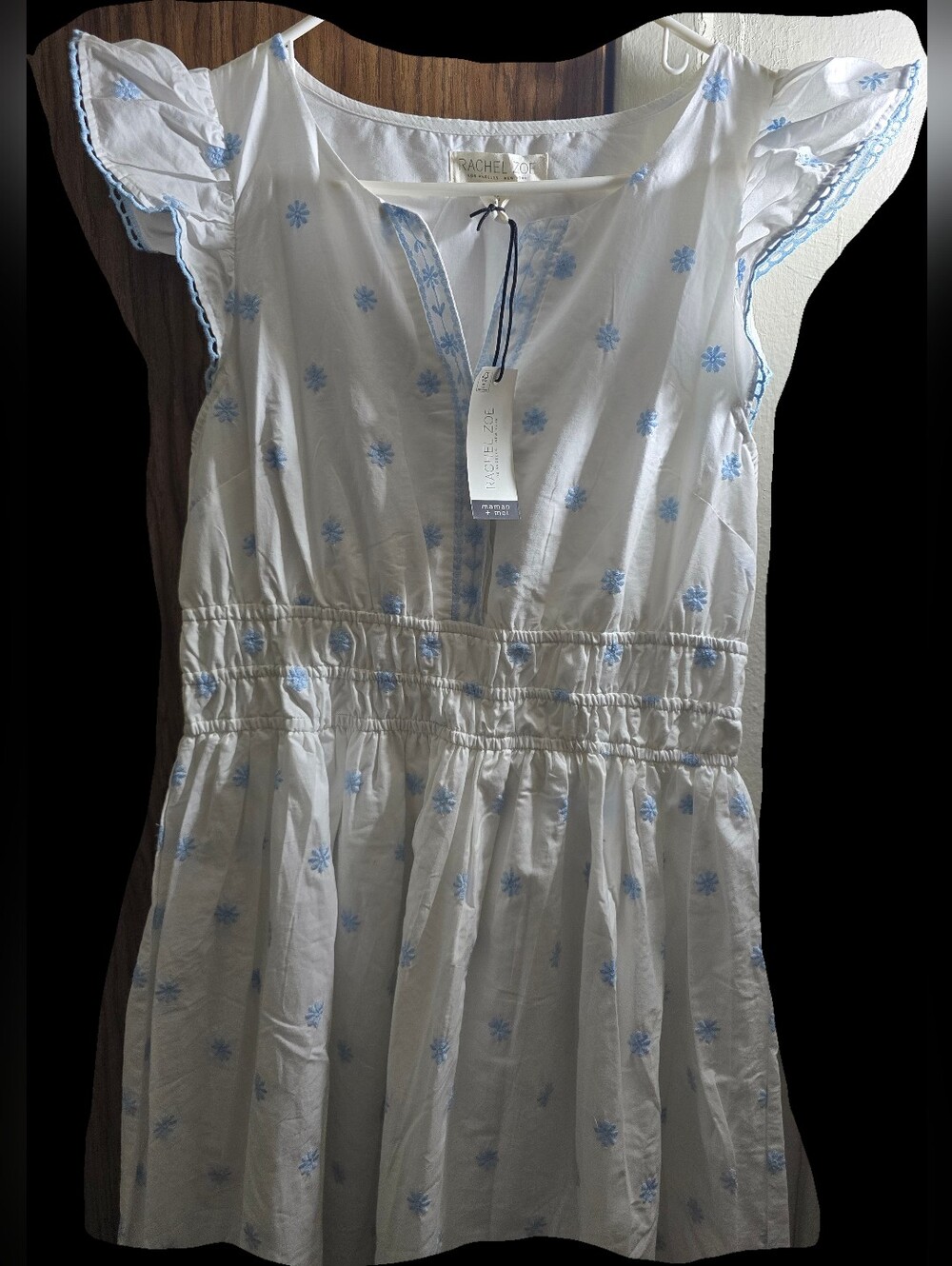 Rachel Riley White Dress with Light Blue Floral Embroidery